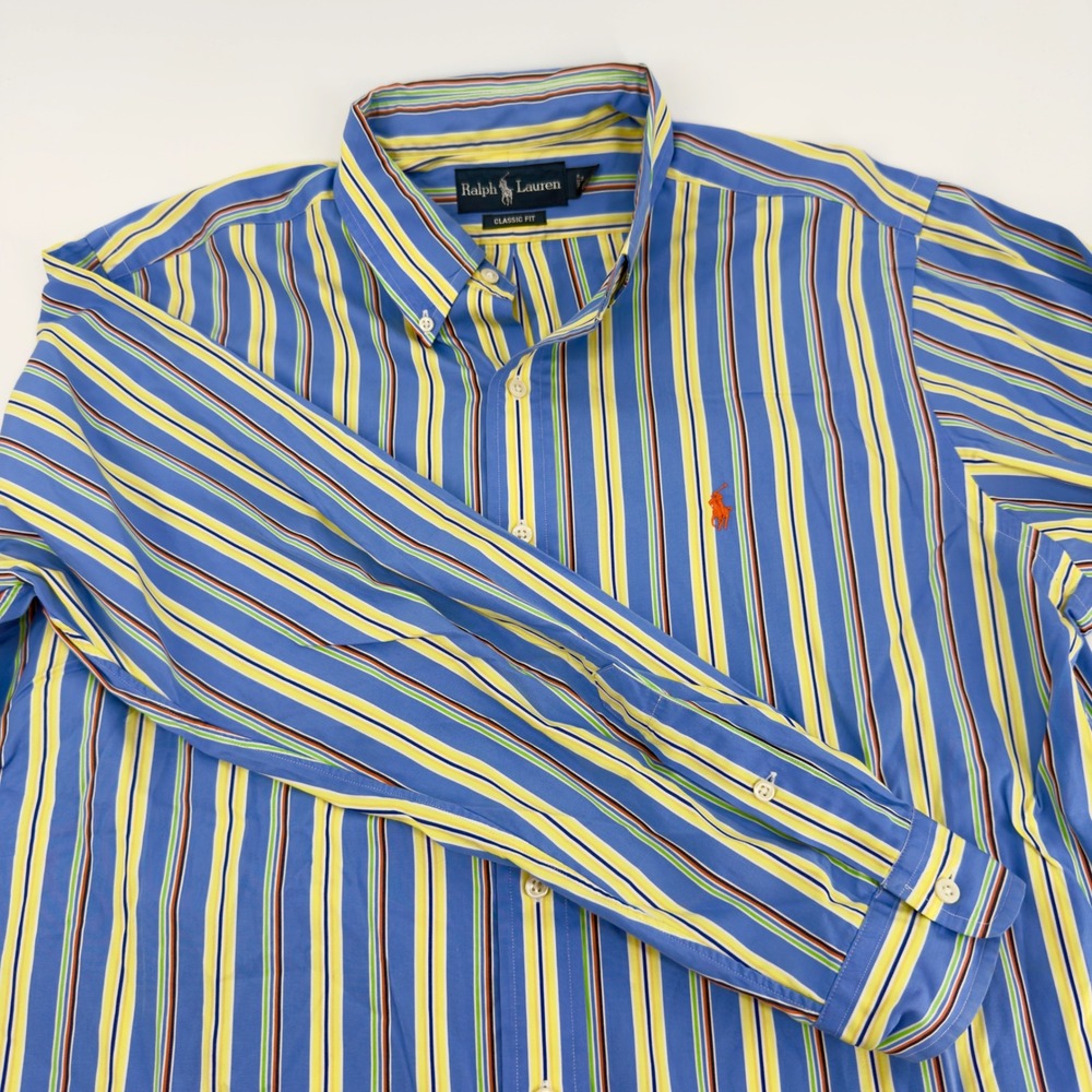 Ralph Lauren Classic Fit Mens Large Blue Yellow Striped Button Down Shirt L